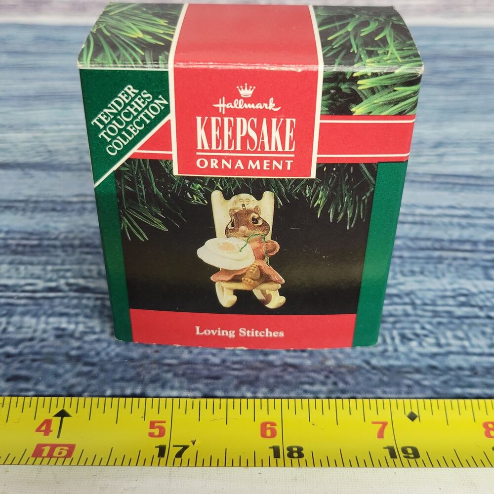 Vintage 1991 Hallmark Keepsake ( Loving Stiches) Christmas ornament chipmunk